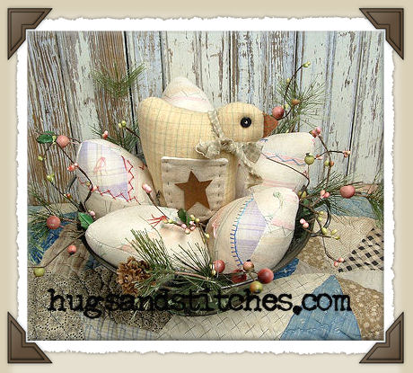 Chick & Quilt Eggs In Old Tin Strainer